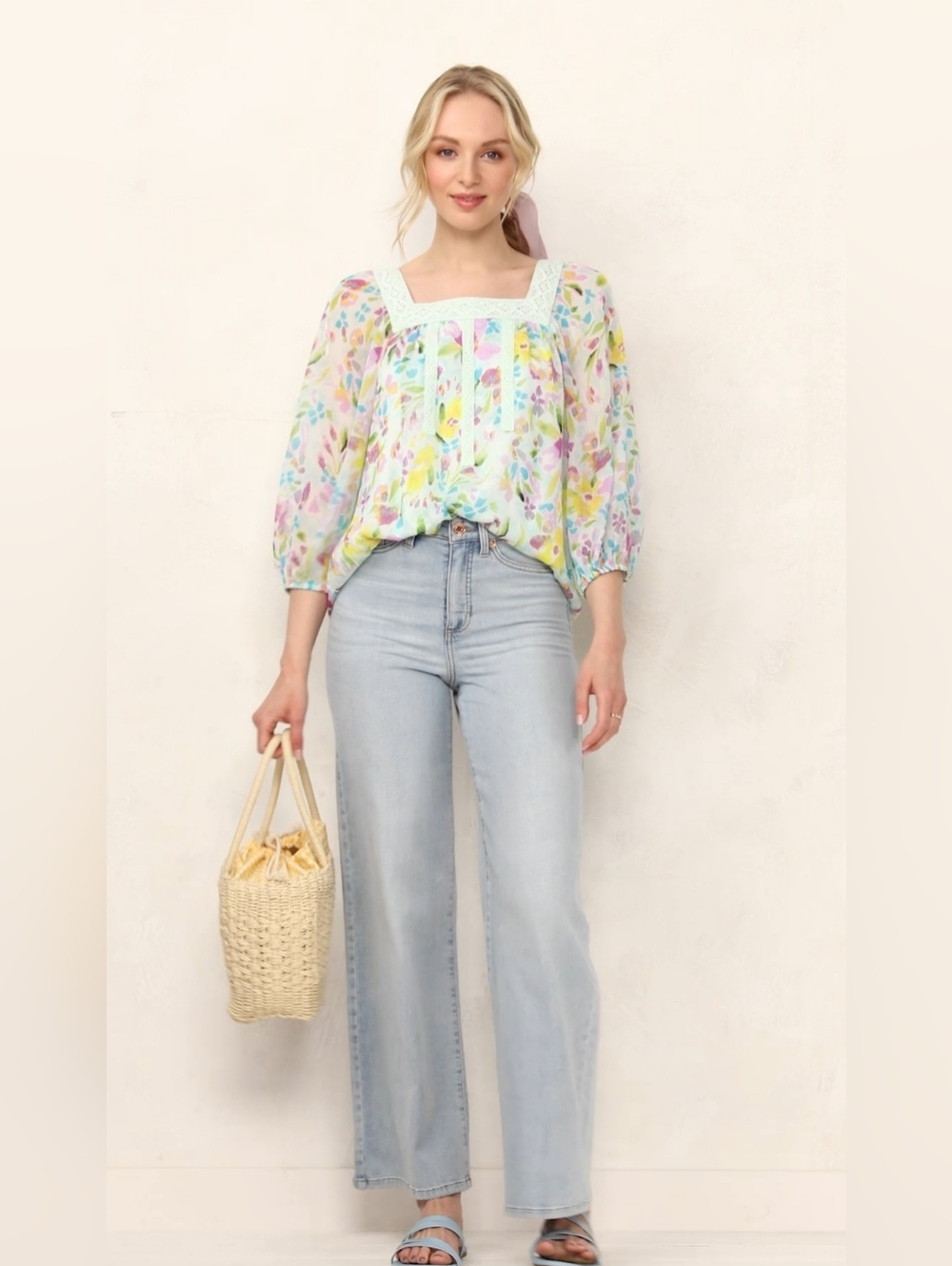 LC Lauren Conrad Pastel Floral Peasant Blouse in Mint, Pink, Yellow
